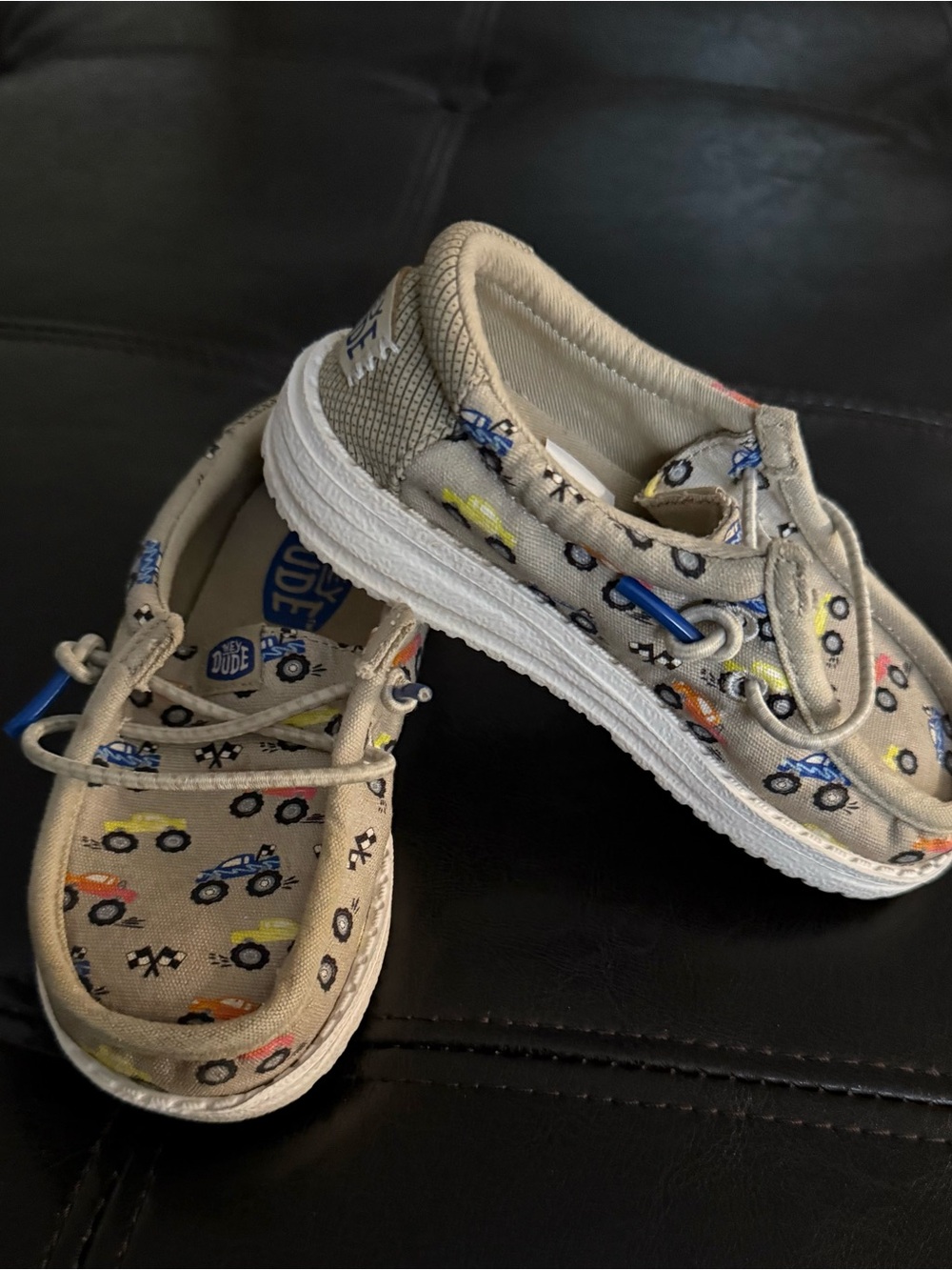 Hey Dude Beige Canvas Slip-Ons with Colorful Car Print